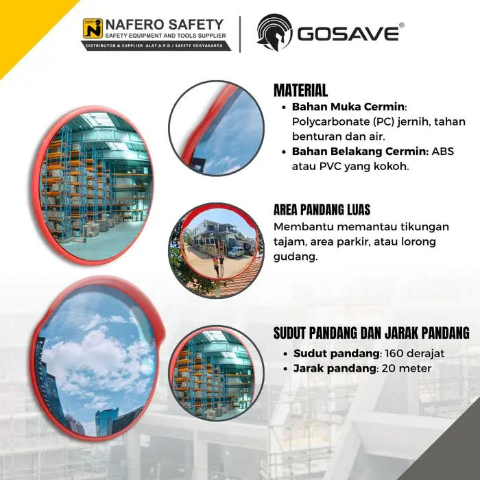 GOSAVE Convex Mirror Cermin Tikungan Jalan Raya Parkiran Gudang Bahan ABS PC Tahan Pecah Tahan Cuaca