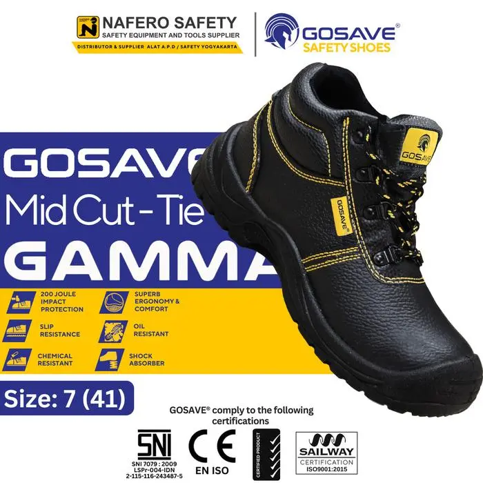 GOSAVE Sepatu Safety Tipe GAMMA MID Cut Tali Original Size 39 - 45 Ujung Besi Hitam Sepatu Kerja Proyek